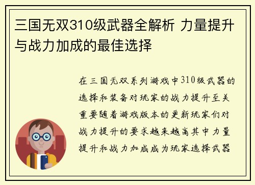 三国无双310级武器全解析 力量提升与战力加成的最佳选择